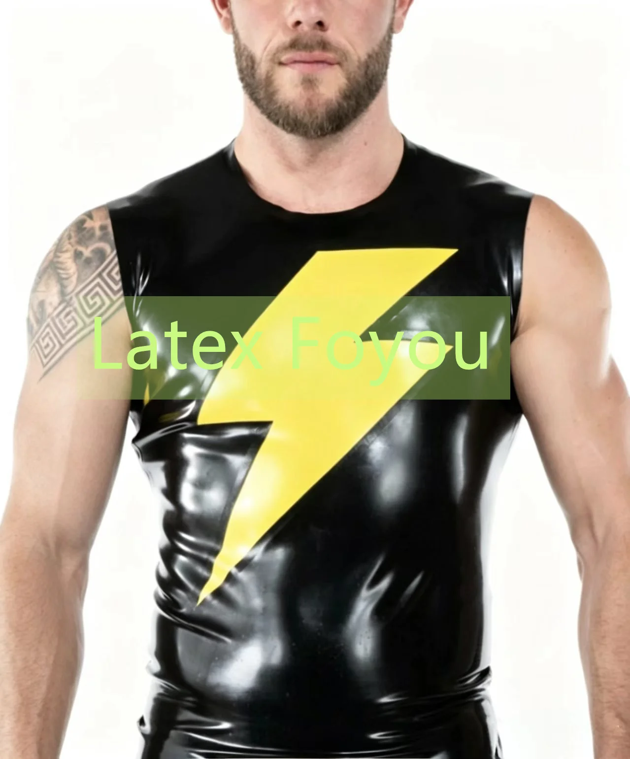 Handmade Latex Men's Crew Neck Sleeveless Shirt Male Gummi Vest With Yellow Lightning Mark Fashion Fitting Polo Shirt Cosplay
Handmade Latex Men's Crew Neck Sleeveless Shirt Male Gummi Vest With Yellow Lightning Mark Fashion Fitting Polo Shirt Cosplay