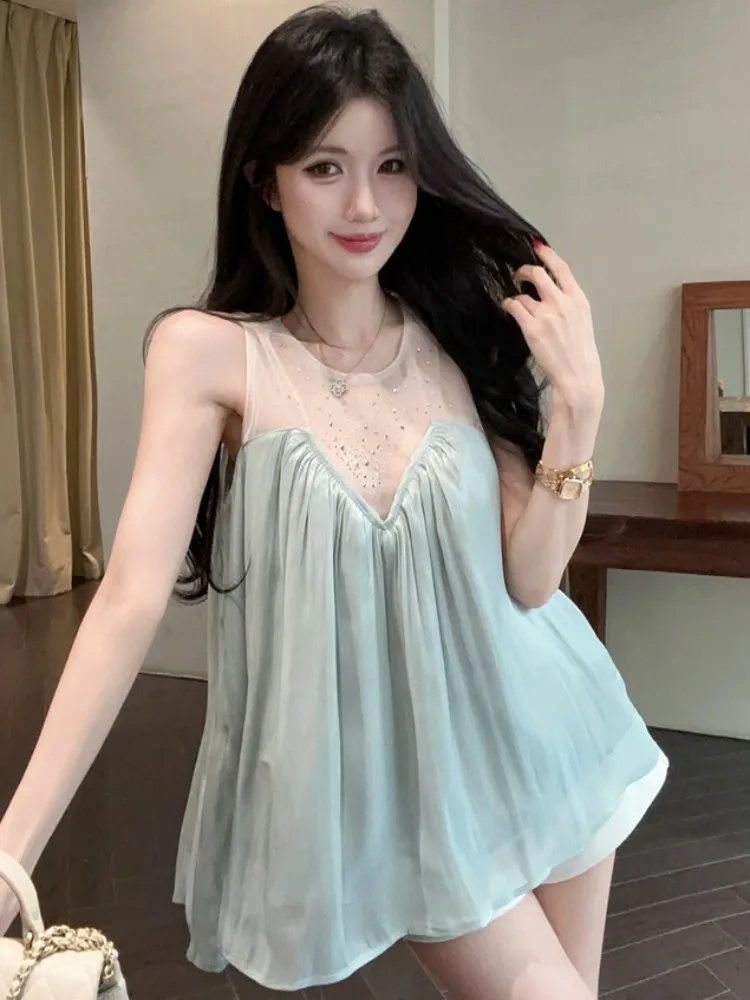 Ladies Summer Slimming Mesh Paneling Vest A-Line Skirt Fashion Design Heat Treatment No-Sleeve Women's Clothing
Ladies Summer Slimming Mesh Paneling Vest A-Line Skirt Fashion Design Heat Treatment No-Sleeve Women's Clothing
