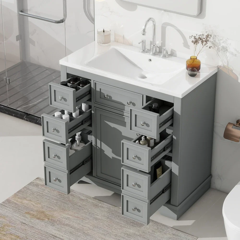 36" Bathroom Vanity with Sink Combo One Cabinet and Six Drawers Solid Wood MDF Board, Grey Storage Cabinet Bathroom Sink Cabinet
36" Bathroom Vanity with Sink Combo One Cabinet and Six Drawers Solid Wood MDF Board, Grey Storage Cabinet Bathroom Sink Cabinet