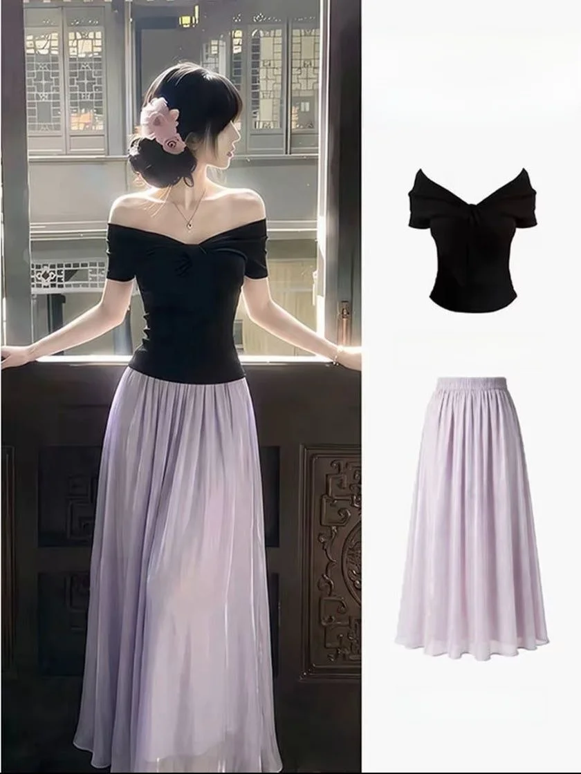 Chic Purple Satin Half-Sleeve One-Shoulder Summer Outfit Set Elegant High-Waisted Skirt And Top Cool And Refreshing Style
Chic Purple Satin Half-Sleeve One-Shoulder Summer Outfit Set Elegant High-Waisted Skirt And Top Cool And Refreshing Style