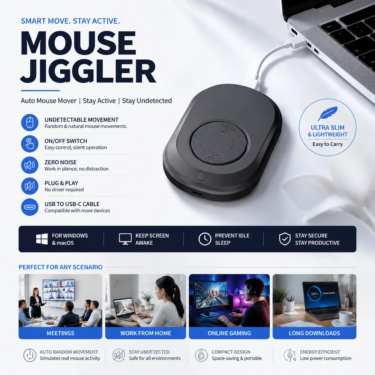 Mouse Mover Device Undetectable Ultra-thin Undetectable Mouse Mover Simulates Realistic Movement, Driver Free Shaker
Mouse Mover Device Undetectable Ultra-thin Undetectable Mouse Mover Simulates Realistic Movement, Driver Free Shaker