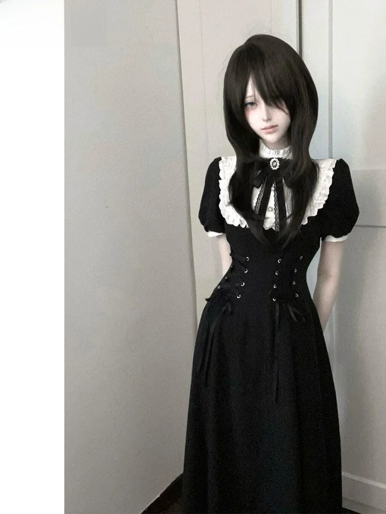 Gothic Style Black Waist-Cinching Dress Women's Mass Production Type Midi Skirt Short Sleeve Retro Japanese Style Dress
Gothic Style Black Waist-Cinching Dress Women's Mass Production Type Midi Skirt Short Sleeve Retro Japanese Style Dress