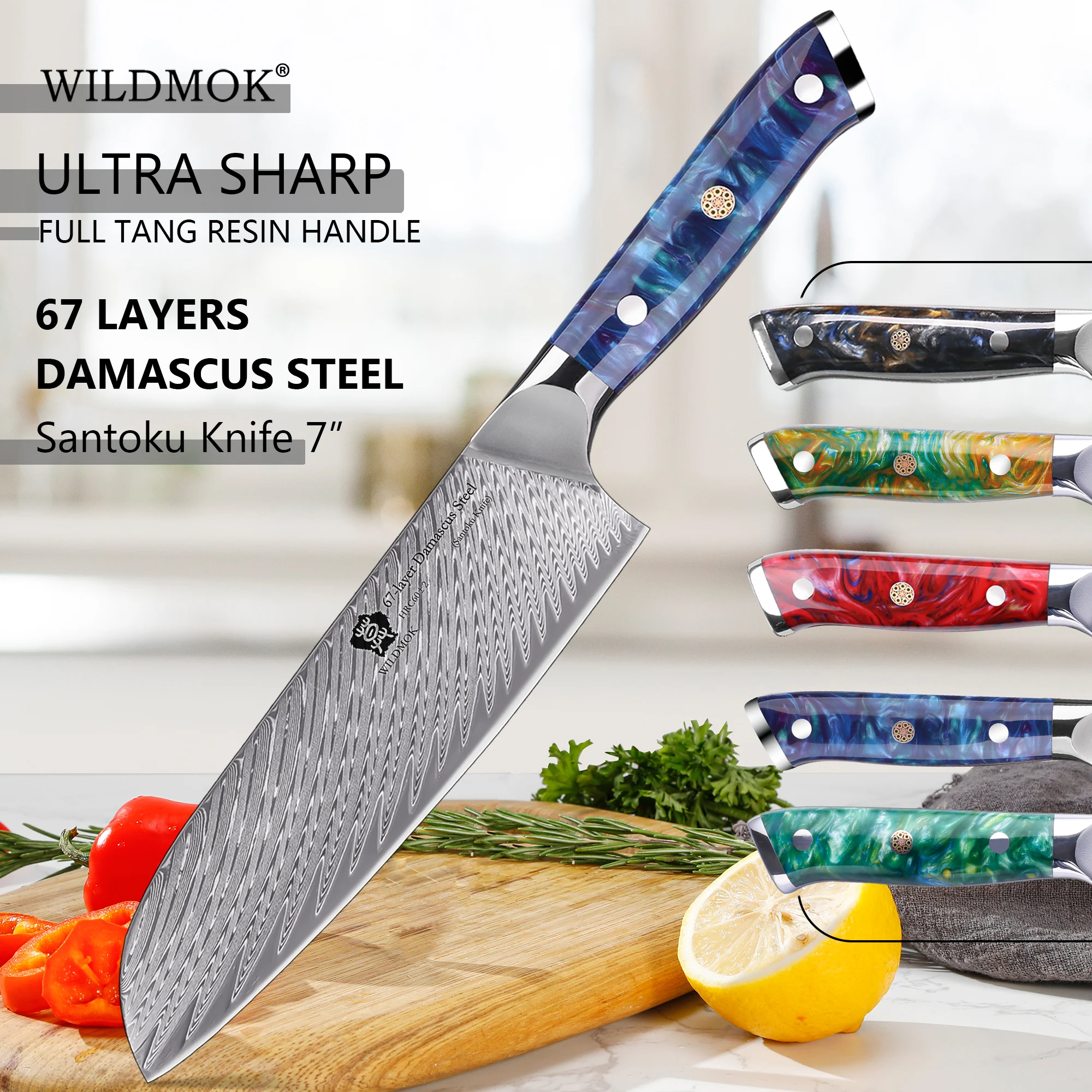 WILDMOK 7" Santoku Knife , Professional 67 Layer Damascus VG10 Steel Santoku Knife with Ergonomic Full Tang Resin Handle 
WILDMOK 7" Santoku Knife , Professional 67 Layer Damascus VG10 Steel Santoku Knife with Ergonomic Full Tang Resin Handle