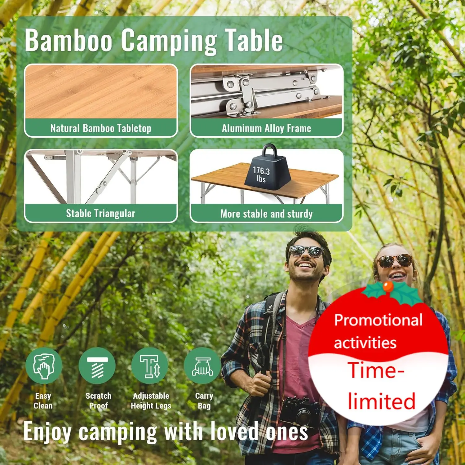 Adjustable Height Folding Table, 4-Fold Bamboo Camping Outdoor Portable RV Camp Table with Carry Bag for Outdoor Car Backyard Pi
Adjustable Height Folding Table, 4-Fold Bamboo Camping Outdoor Portable RV Camp Table with Carry Bag for Outdoor Car Backyard Pi