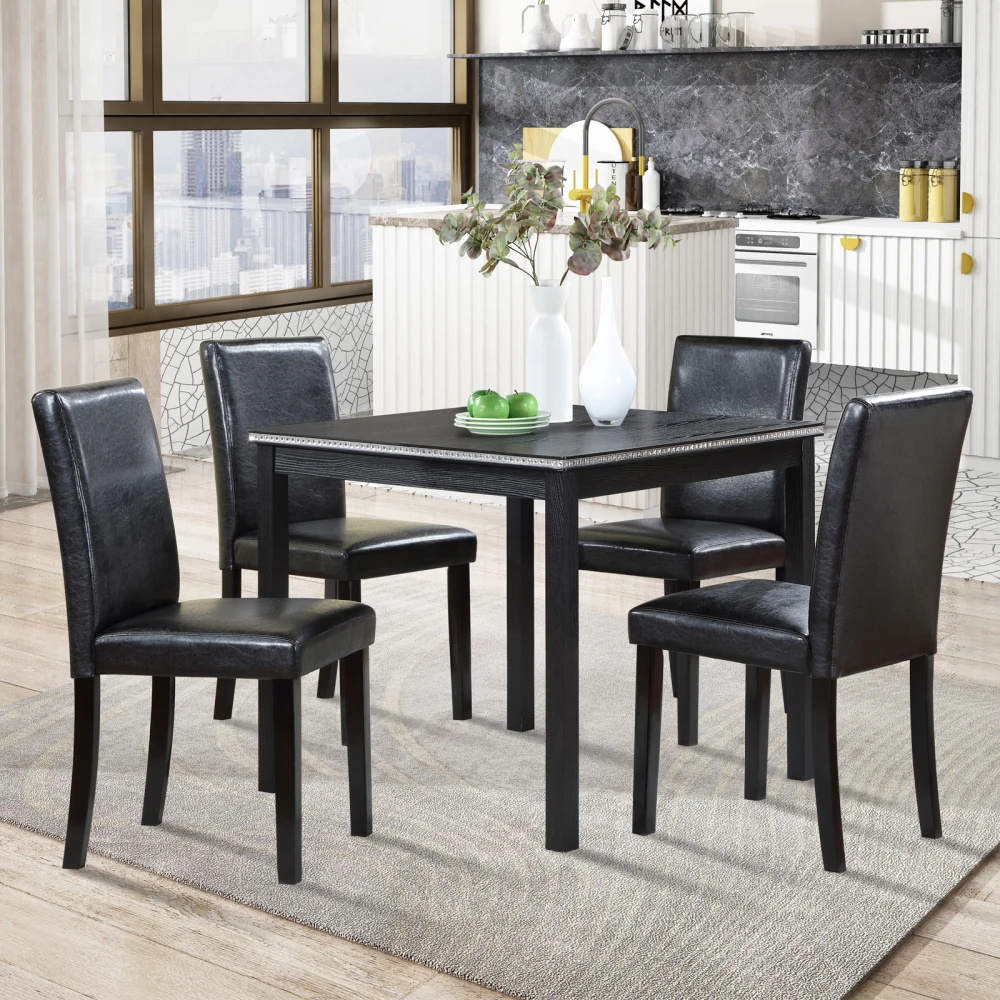 5-Piece Black Wooden Dining Set Square Table with Crystal Trim &4 Upholstered Chairs for Kitchen/Dining
5-Piece Black Wooden Dining Set Square Table with Crystal Trim &4 Upholstered Chairs for Kitchen/Dining
