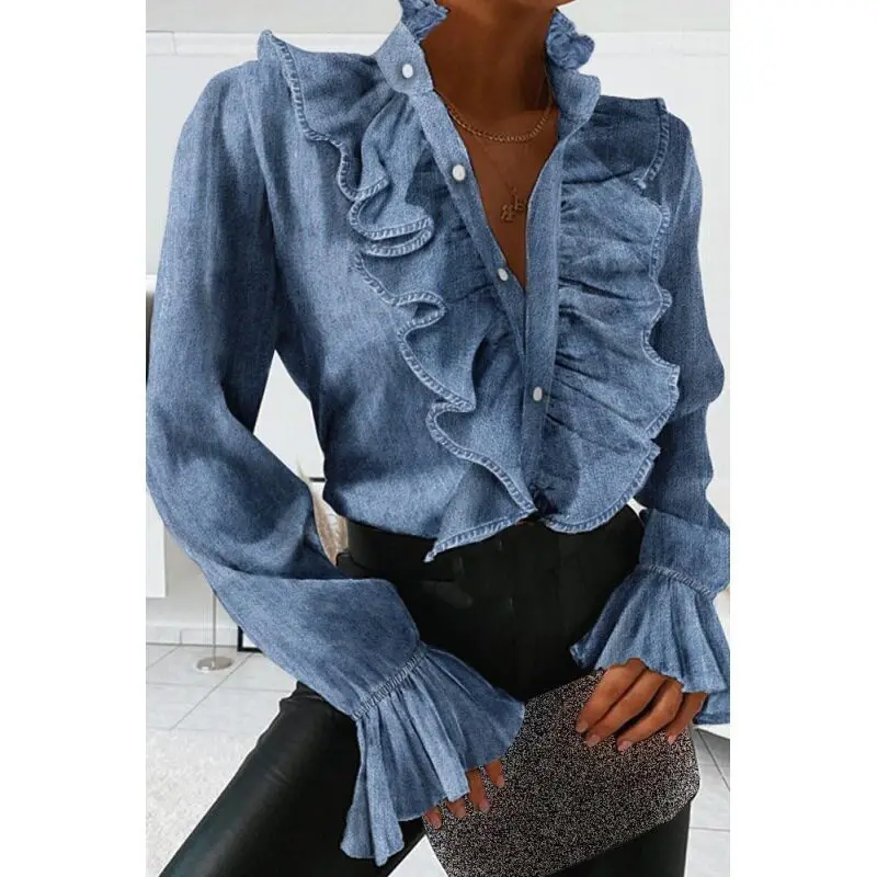 Women's Summer Long Sleeve Shirt Ruffled Bell Sleeve Pleated Floral Trim Female Fashionable Casual Business Office Wear
Women's Summer Long Sleeve Shirt Ruffled Bell Sleeve Pleated Floral Trim Female Fashionable Casual Business Office Wear