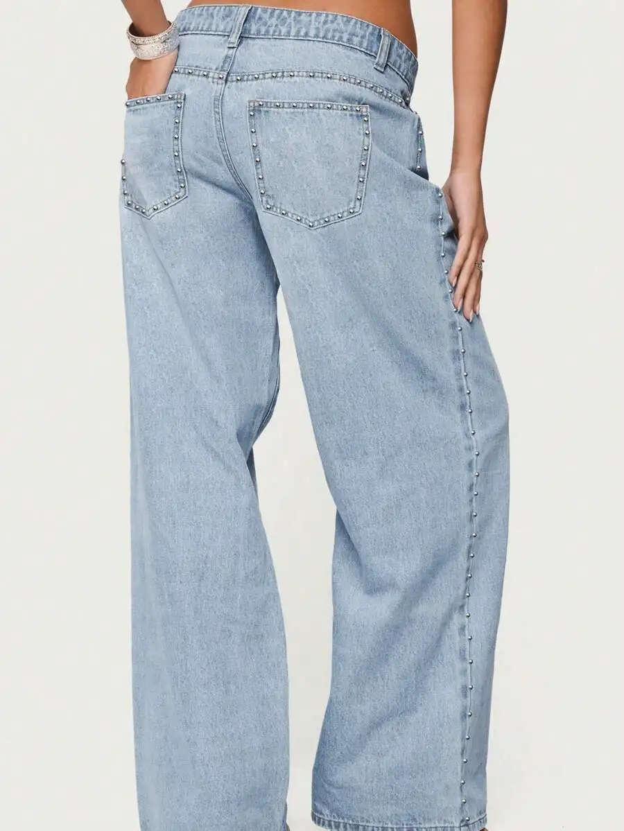 Womens Straight Leg Denim Jeans With Rivet Detail Streetwear Casual Non-Stretch Pants
Womens Straight Leg Denim Jeans With Rivet Detail Streetwear Casual Non-Stretch Pants