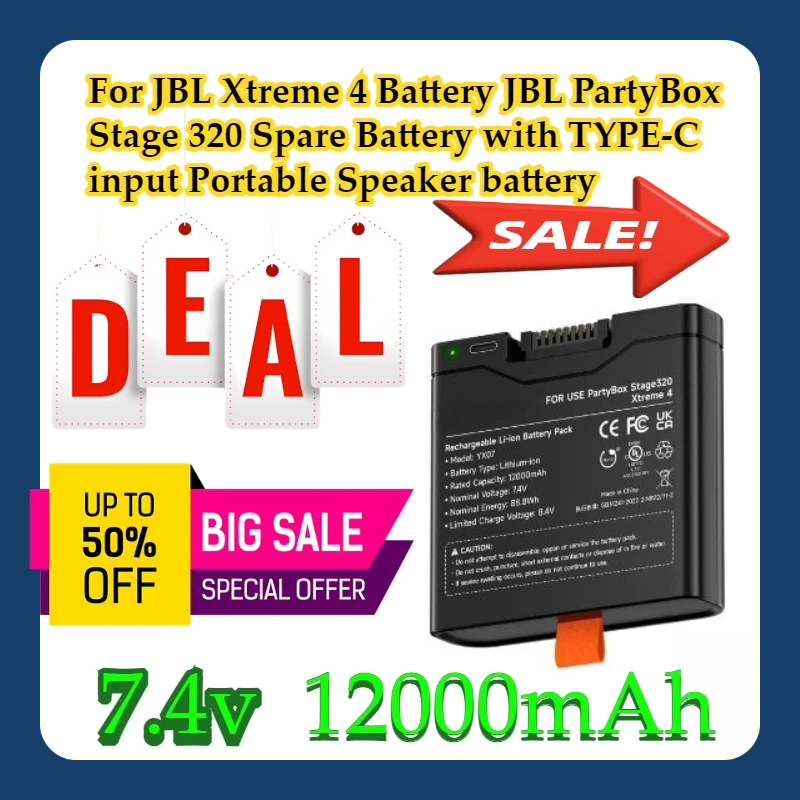 For JBL Xtreme 4 Battery JBL PartyBox Stage 320 Spare Battery with TYPE-C input Portable Speaker 12000mAh battery
For JBL Xtreme 4 Battery JBL PartyBox Stage 320 Spare Battery with TYPE-C input Portable Speaker 12000mAh battery