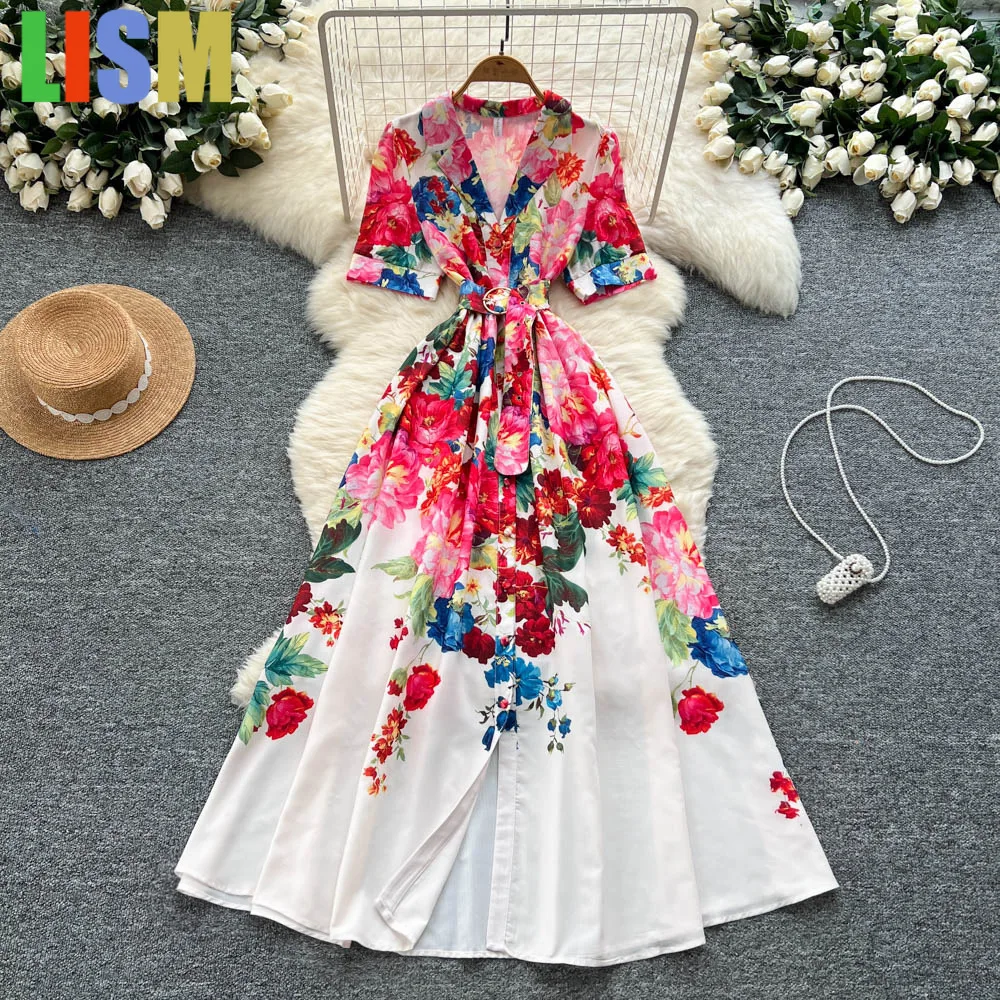 LISM Palace style printed suit collar dress women's summer waist belt waist cinching single breasted design big swing long skirt
LISM Palace style printed suit collar dress women's summer waist belt waist cinching single breasted design big swing long skirt
