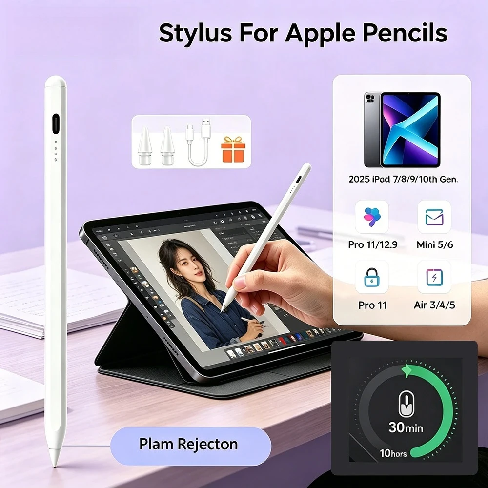 For iPad Pencil 2025 Stylus Pen for Air Pro M3 with Palm Rejection and Magnetic Suction for iPad 11 A16 7/8/9/10/11th mini 5 6 7
For iPad Pencil 2025 Stylus Pen for Air Pro M3 with Palm Rejection and Magnetic Suction for iPad 11 A16 7/8/9/10/11th mini 5 6 7