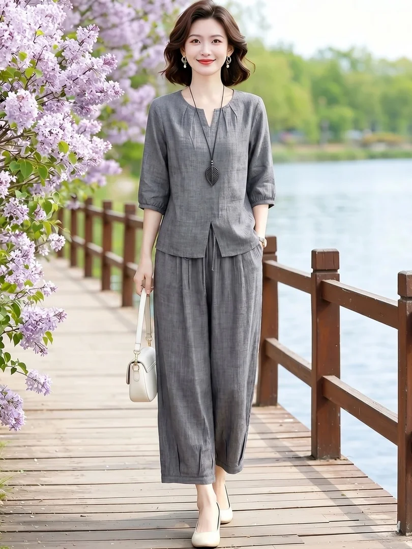 Elegant Cotton Linen round Neck Shirt Loose Wide Leg Pants Women's Fashion Set Casual Style mid Sleeve Breathable Summer Outfit
Elegant Cotton Linen round Neck Shirt Loose Wide Leg Pants Women's Fashion Set Casual Style mid Sleeve Breathable Summer Outfit