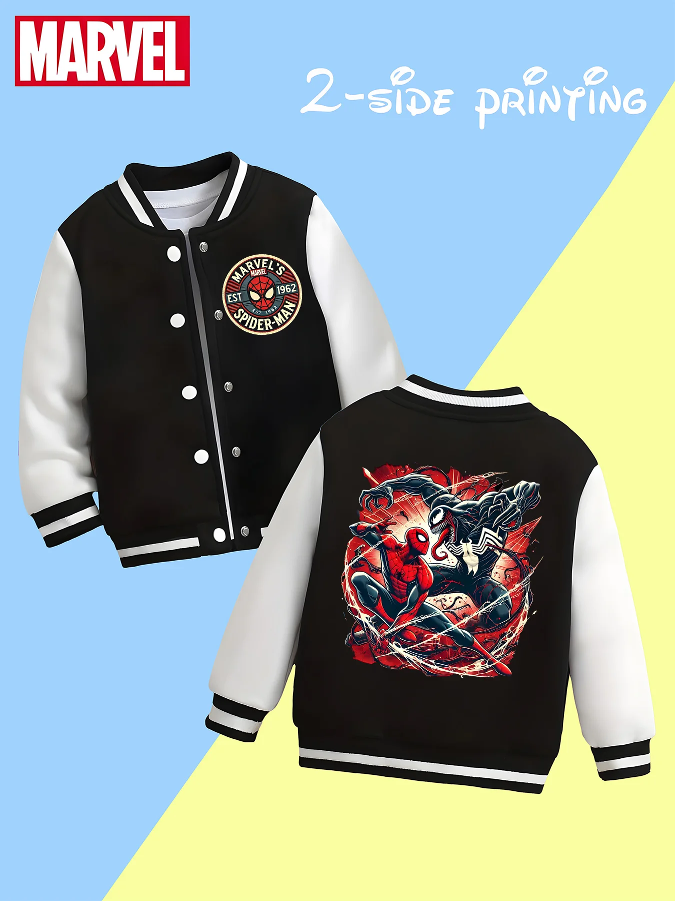 MINISO Marvel Spider-Man themed boys' baseball jacket - double-sided exquisite print, classic black and white, soft fabric, fash 
MINISO Marvel Spider-Man themed boys' baseball jacket - double-sided exquisite print, classic black and white, soft fabric, fash