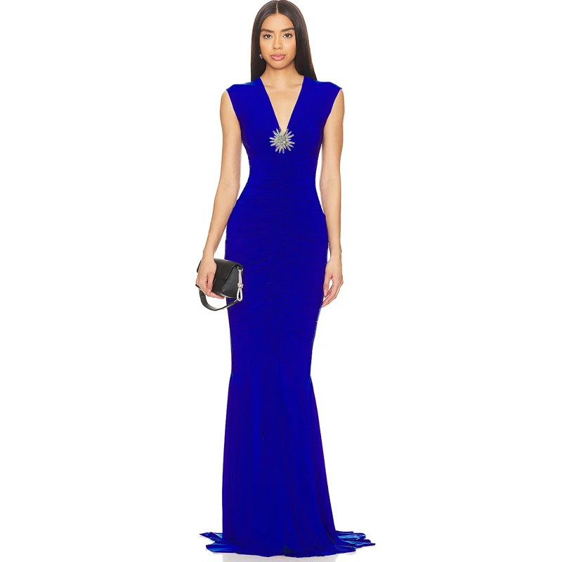 New sexy peacock blue V-neck decorative diamond sleeveless dress, women's partyWrinkled Zou fish tail ,dress long
New sexy peacock blue V-neck decorative diamond sleeveless dress, women's partyWrinkled Zou fish tail ,dress long