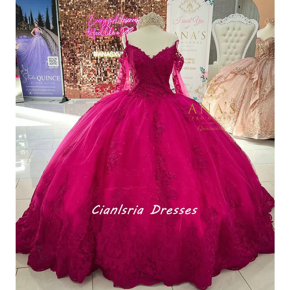 Fuchsia Ribbons Crystal Quinceanera Dress Ball Gown Off The Shoulder Appliques Lace Corset Sweet 15 Vestidos De Quinceañera
Fuchsia Ribbons Crystal Quinceanera Dress Ball Gown Off The Shoulder Appliques Lace Corset Sweet 15 Vestidos De Quinceañera