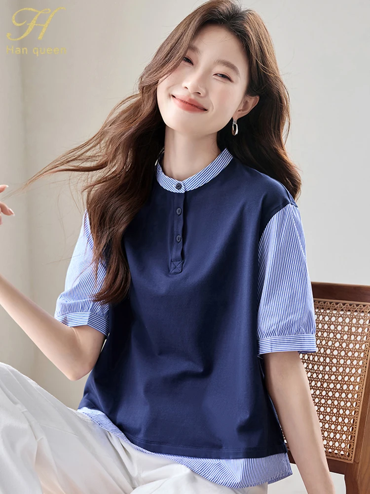 H Han Queen Summer Patchwork Women Simple Short Sleeve Work Casual T-Shirts Female Clothing Office Vintage Top Korean Style Tees
H Han Queen Summer Patchwork Women Simple Short Sleeve Work Casual T-Shirts Female Clothing Office Vintage Top Korean Style Tees