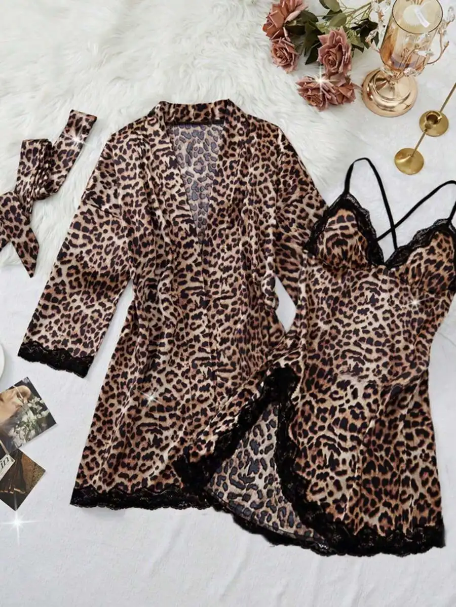 3pcs Leopard Print Lace Sleepwear Set With Belt Women Pajamas Loungewear Autumn Winter
3pcs Leopard Print Lace Sleepwear Set With Belt Women Pajamas Loungewear Autumn Winter