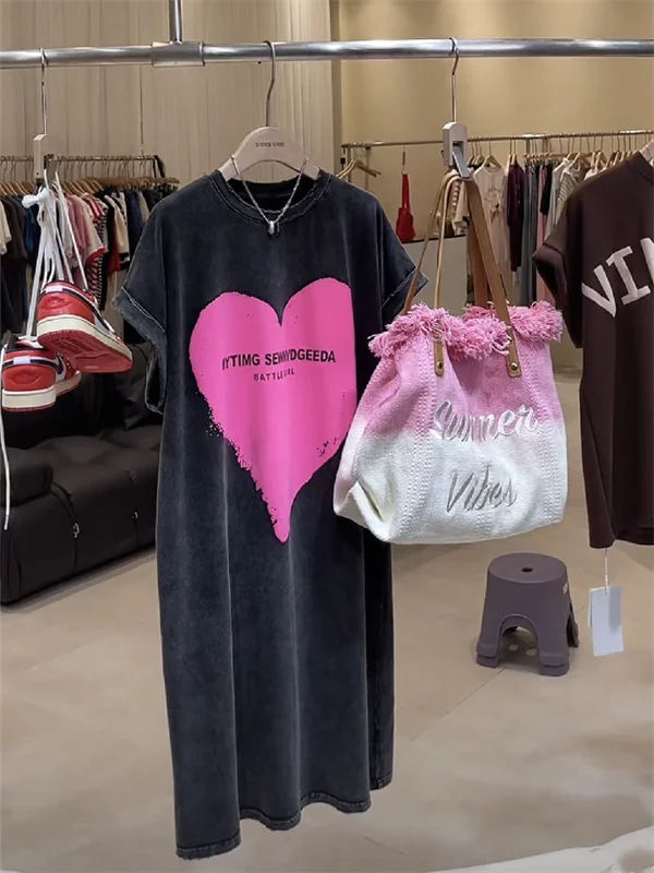 Retro Washed Heart Print Midi Dress Women's Summer Loose Fit plus Size Casual T-Shirt Dress Korean Style round Neck Short Sleeve
Retro Washed Heart Print Midi Dress Women's Summer Loose Fit plus Size Casual T-Shirt Dress Korean Style round Neck Short Sleeve