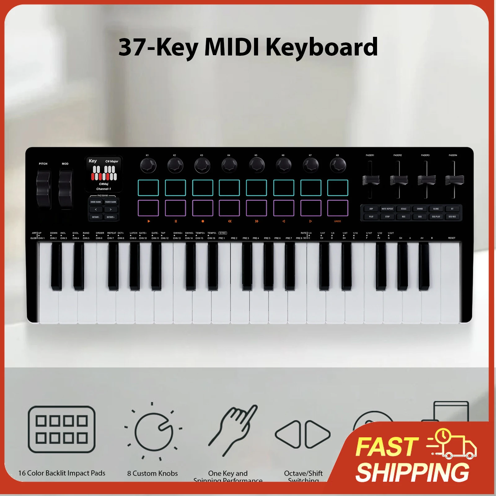 37-клавишная MIDI-клавиатура с 16 RGB-пэдами, беспроводным Bluetooth, встроенными звуковыми эффектами, 8 регуляторами, 4 фейдерами, портативная, для создания музыки в студии и на живых выступлениях
37-клавишная MIDI-клавиатура с 16 RGB-пэдами, беспроводным Bluetooth, встроенными звуковыми эффектами, 8 регуляторами, 4 фейдерами, портативная, для создания музыки в студии и на живых выступлениях