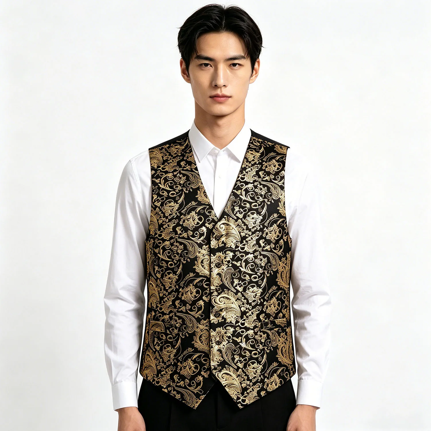 4PC Mens Vest Party Golden Black Yellow Jacquard Paisley Floral Waistcoat Pocket Square Tie Suit Set
4PC Mens Vest Party Golden Black Yellow Jacquard Paisley Floral Waistcoat Pocket Square Tie Suit Set