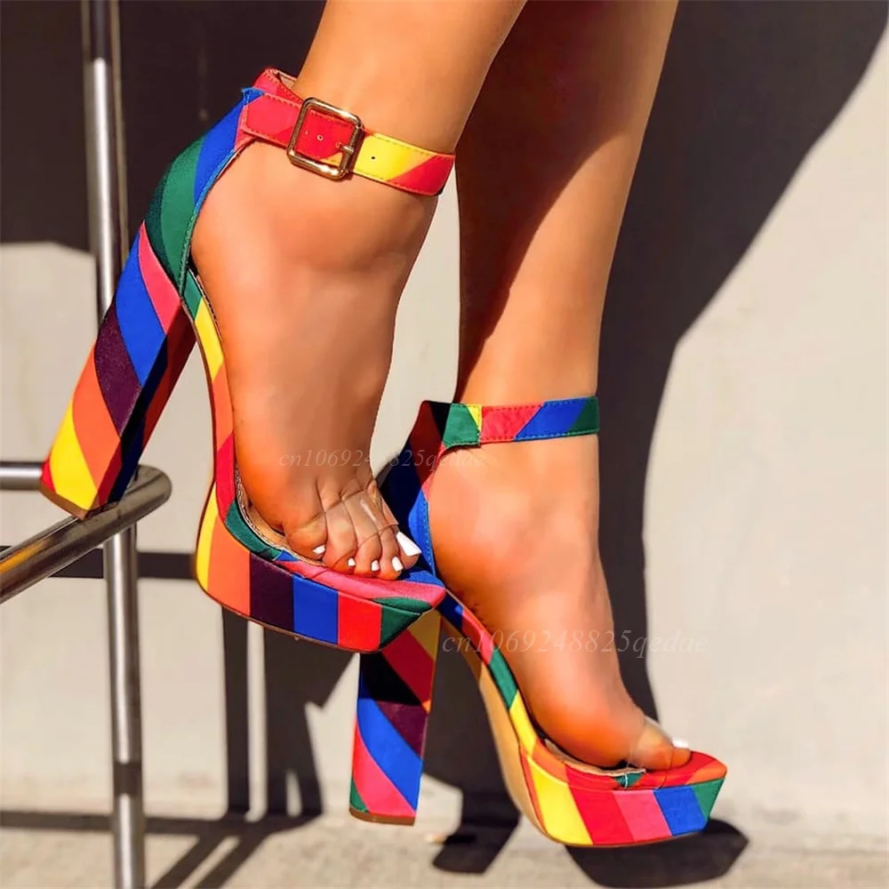 Women's Rainbow Striped Platform Block Heel Sandals, Clear Open Toe Strap, Buckle Ankle Strap, Chunky High Heels Satin Shoes
Women's Rainbow Striped Platform Block Heel Sandals, Clear Open Toe Strap, Buckle Ankle Strap, Chunky High Heels Satin Shoes