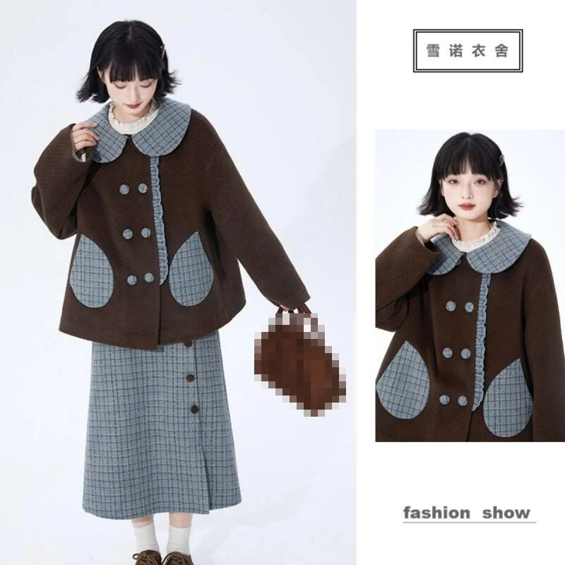 Doll collar double row button woolen coat jacket for women's winter new style plaid skirt design retro two-piece set new style
Doll collar double row button woolen coat jacket for women's winter new style plaid skirt design retro two-piece set new style