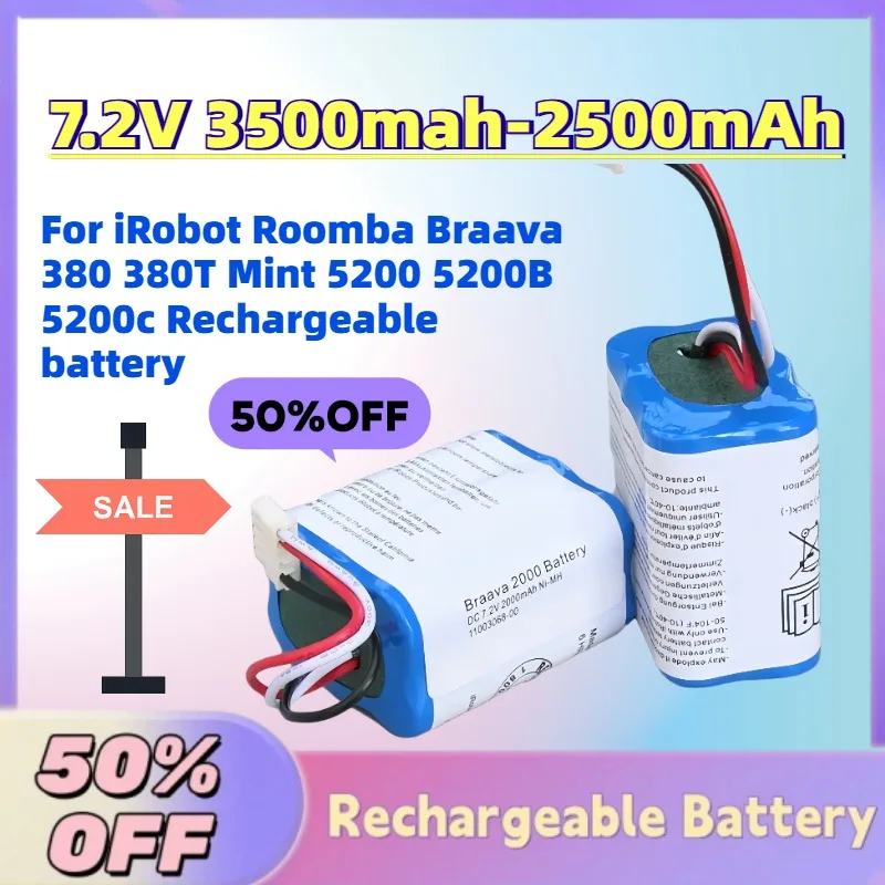 In Stock New 7.2V 3500mah-2500mAh Ni-MH Battery for IRobot Roomba Braava 380 380T Mint 5200 5200B 5200c Rechargeable Battery
In Stock New 7.2V 3500mah-2500mAh Ni-MH Battery for IRobot Roomba Braava 380 380T Mint 5200 5200B 5200c Rechargeable Battery