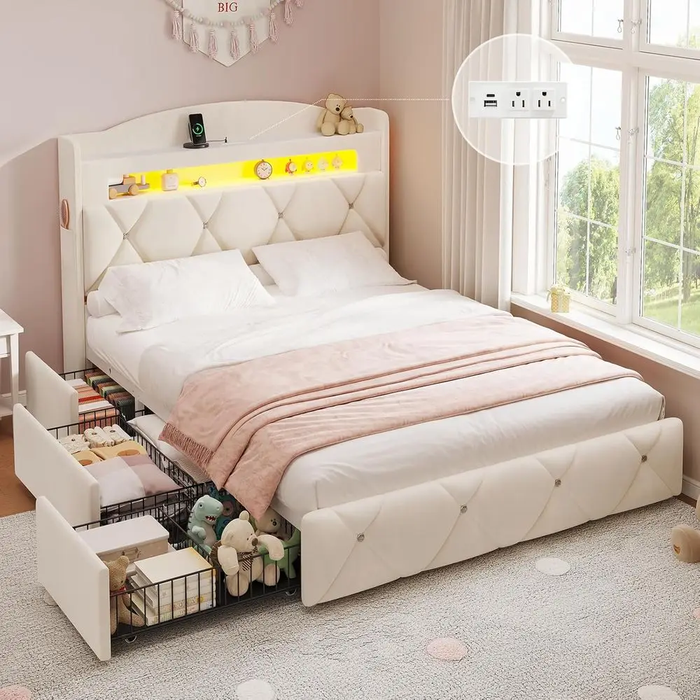 Large Storage Bed with 3 Drawers, LED-lit Headboard, Power Outlets, Velvet Upholstered Platform Bed for Kids, Beige
Large Storage Bed with 3 Drawers, LED-lit Headboard, Power Outlets, Velvet Upholstered Platform Bed for Kids, Beige