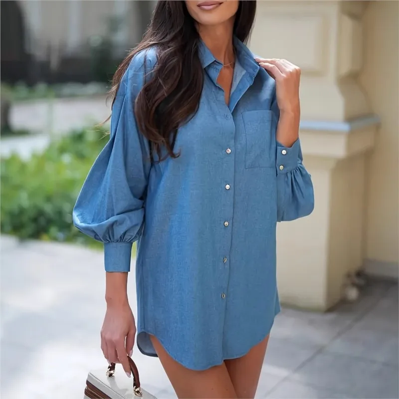 Women's Long Sleeve Denim Blue Shirts Lapel Collar Lantern Sleeves Single-breasted Chest Pocket For Women 2025 Summer Autumn New
Women's Long Sleeve Denim Blue Shirts Lapel Collar Lantern Sleeves Single-breasted Chest Pocket For Women 2025 Summer Autumn New