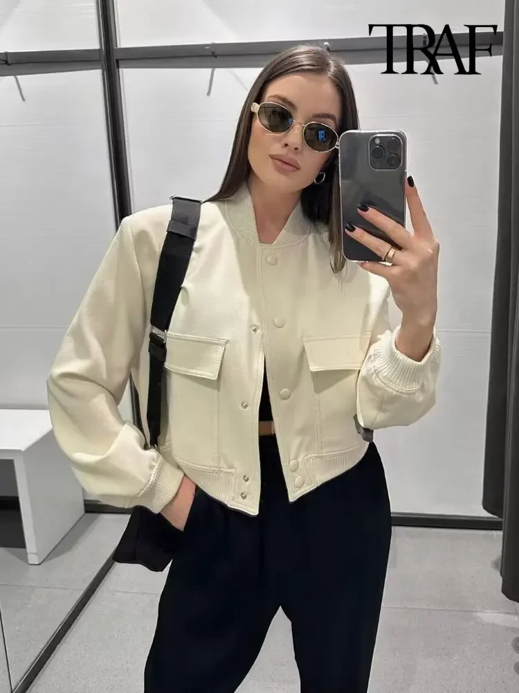 TRAF Women Fashion With Pockets Bomber Jacket Coats Vintage Long Sleeve Front Button Casual Female Outerwear Chic Tops
TRAF Women Fashion With Pockets Bomber Jacket Coats Vintage Long Sleeve Front Button Casual Female Outerwear Chic Tops