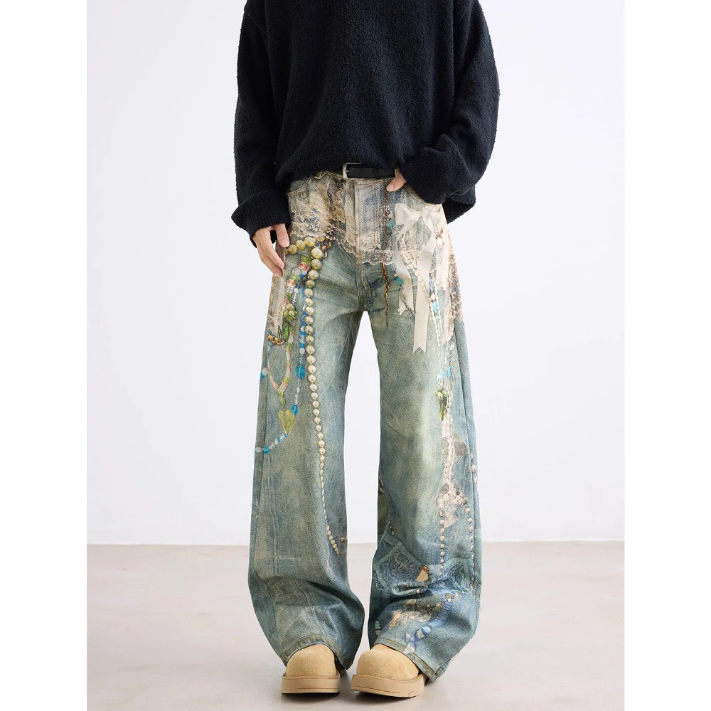 American Style Retro Distressed Lace 3D Printing Pearl Chain Jeans Mid-waist Loose Casual Washed Wide Leg Pants For Men&Women
American Style Retro Distressed Lace 3D Printing Pearl Chain Jeans Mid-waist Loose Casual Washed Wide Leg Pants For Men&Women