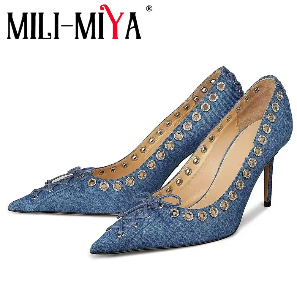 MILI-MIYA, Новое поступление, женские джинсовые туфли-лодочки с острым носком, пикантные туфли на тонком каблуке синего цвета, платье без шнуровки с узлом-бабочкой, большие размеры 34-45
MILI-MIYA, Новое поступление, женские джинсовые туфли-лодочки с острым носком, пикантные туфли на тонком каблуке синего цвета, платье без шнуровки с узлом-бабочкой, большие размеры 34-45
