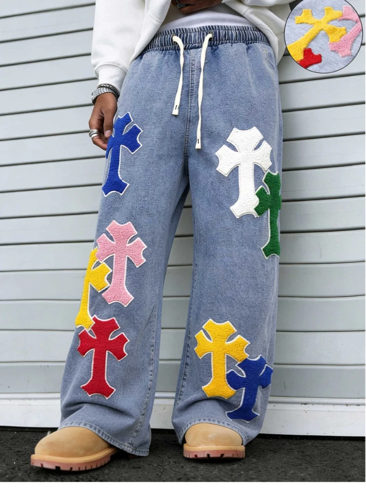 Men's Colorful Cross Embroidered Baggy Jeans Elastic Waist Wide Leg Streetwear Denim Pants Hip Hop Y2K Style Fashion Trousers
Men's Colorful Cross Embroidered Baggy Jeans Elastic Waist Wide Leg Streetwear Denim Pants Hip Hop Y2K Style Fashion Trousers