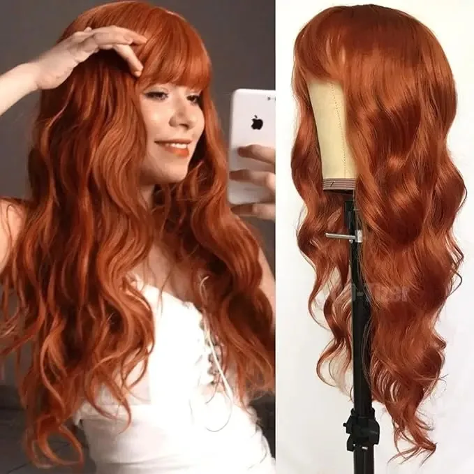 Giner Orange Wig Body Wave Lace Front Wig With Bangs Soft Copper Wig 13x4 HD Lace Wig Glueless Synthetic And Blend Lace Wigs
Giner Orange Wig Body Wave Lace Front Wig With Bangs Soft Copper Wig 13x4 HD Lace Wig Glueless Synthetic And Blend Lace Wigs