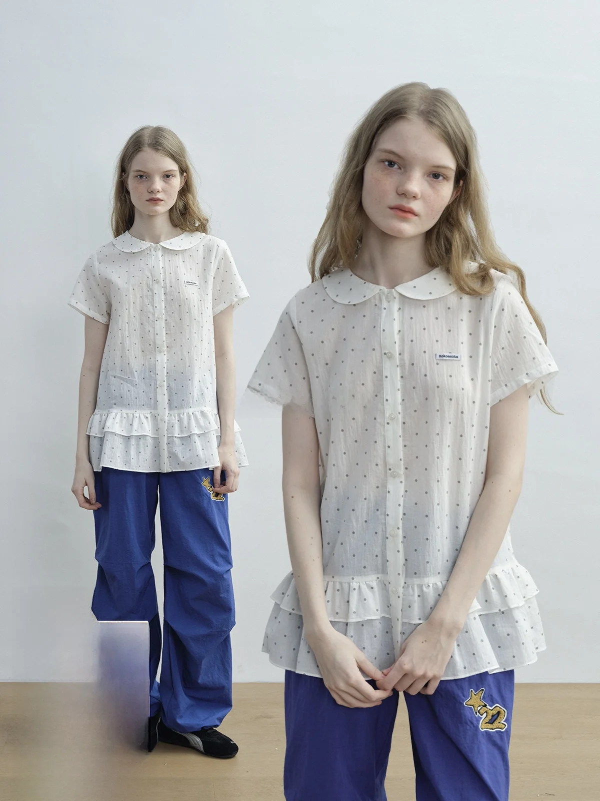 KOKOASOKO White Polka Dot Short Sleeve Doll Collar Loose Fit Summer Shirt Women's Sweet Style Breathable Cotton Blend Top
KOKOASOKO White Polka Dot Short Sleeve Doll Collar Loose Fit Summer Shirt Women's Sweet Style Breathable Cotton Blend Top