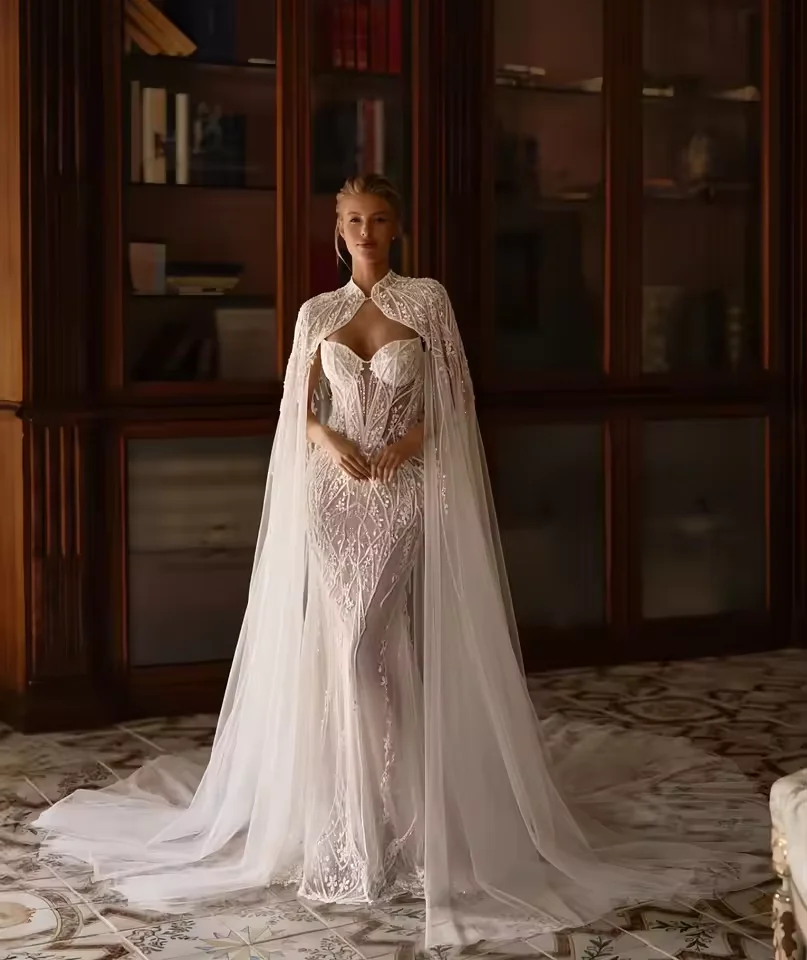 Sparkling Beaded Lace Wedding Dress with Cape Elegant Mermaid Long Bridal Gowns Vestidos De Novia
Sparkling Beaded Lace Wedding Dress with Cape Elegant Mermaid Long Bridal Gowns Vestidos De Novia