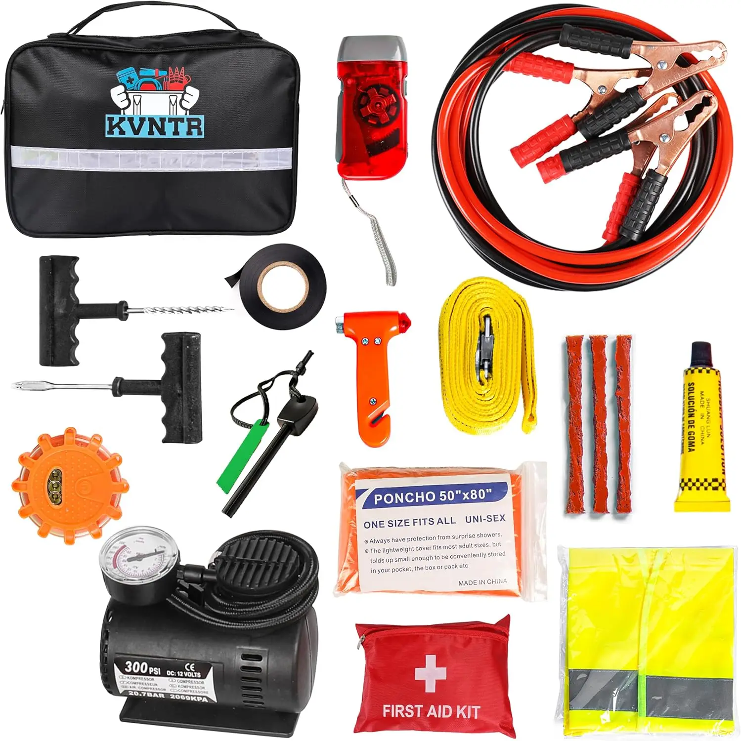 Complete Emergency Car Kit with Jumper Cables, LED Flares, Tire Inflator, First Aid Kit & Tow Strap for Roadside Safety
Complete Emergency Car Kit with Jumper Cables, LED Flares, Tire Inflator, First Aid Kit & Tow Strap for Roadside Safety