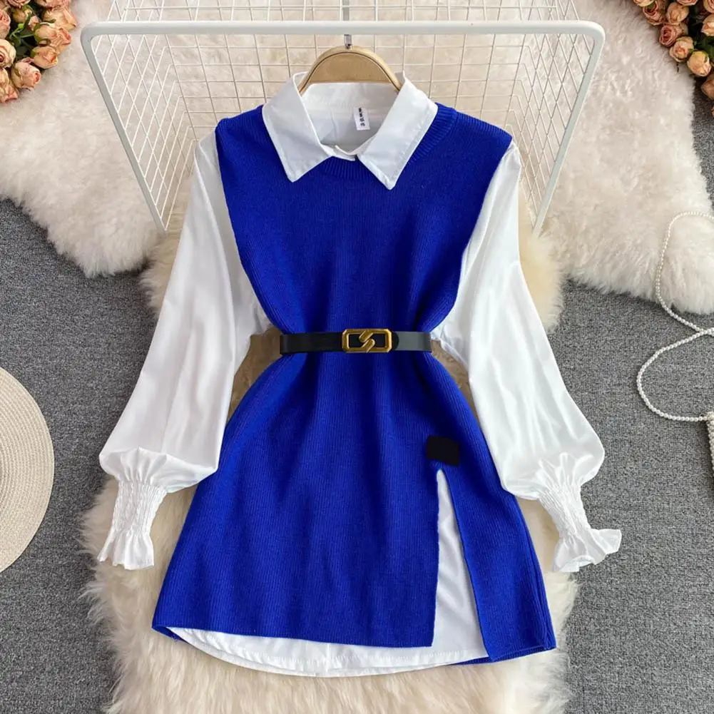 3Pcs/Set Women Shirt Vest Set Lapel Lantern Long Sleeve Single Breasted Shirt O-neck Side Slit Knitting Vest Set with Belt
3Pcs/Set Women Shirt Vest Set Lapel Lantern Long Sleeve Single Breasted Shirt O-neck Side Slit Knitting Vest Set with Belt