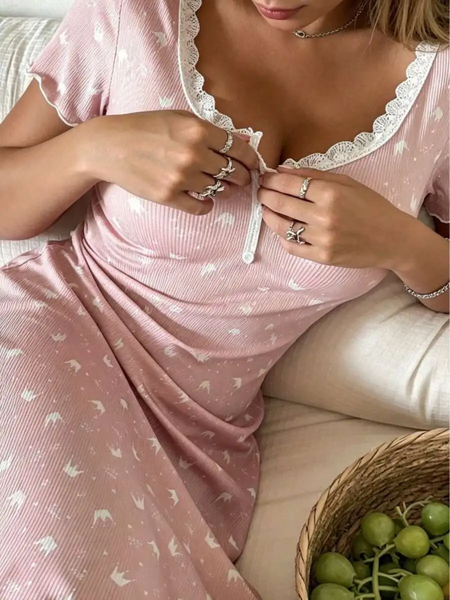 Women Short Sleeve Ribbed Nightgown With Lace Trim And Front Button Ditsy Print Sleep Dress Soft Stretchy Loungewear
Women Short Sleeve Ribbed Nightgown With Lace Trim And Front Button Ditsy Print Sleep Dress Soft Stretchy Loungewear