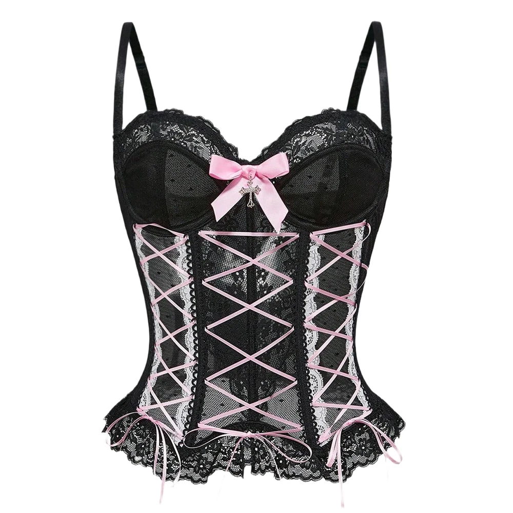 Women Black Pink Spaghetti Straps Sexy Lace Corset Top Gothic Cross Bow Sheer Mesh Bustier Y2K Body Shaper Lingerie Nightwear
Women Black Pink Spaghetti Straps Sexy Lace Corset Top Gothic Cross Bow Sheer Mesh Bustier Y2K Body Shaper Lingerie Nightwear
