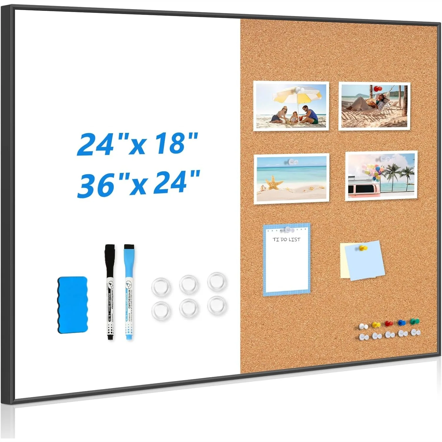 Magnetic Dry Erase Board & Corkboard Combo, 24x18 Inches Dual-Sided Bulletin Board for Home Office School, Black Aluminum Frame
Magnetic Dry Erase Board & Corkboard Combo, 24x18 Inches Dual-Sided Bulletin Board for Home Office School, Black Aluminum Frame