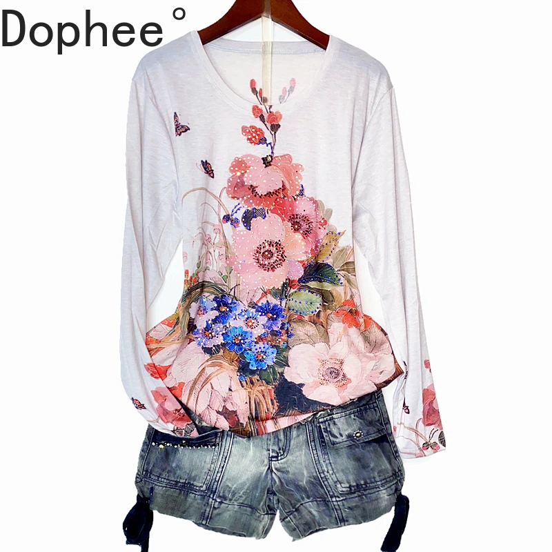 Hot Drilling Flowers Printing Women T-shirt New Spring Autumn Long Sleeve Pullover Top Large Size Round Neck Cotton Basic Tees
Hot Drilling Flowers Printing Women T-shirt New Spring Autumn Long Sleeve Pullover Top Large Size Round Neck Cotton Basic Tees