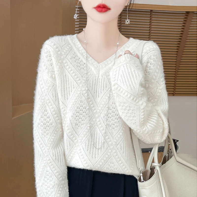 Осенний женский вязаный пуловер из 100% шерсти, свитер с длинными рукавами и v-образным вырезом, вязаный узор, свободный высококачественный базовый топ
Осенний женский вязаный пуловер из 100% шерсти, свитер с длинными рукавами и v-образным вырезом, вязаный узор, свободный высококачественный базовый топ