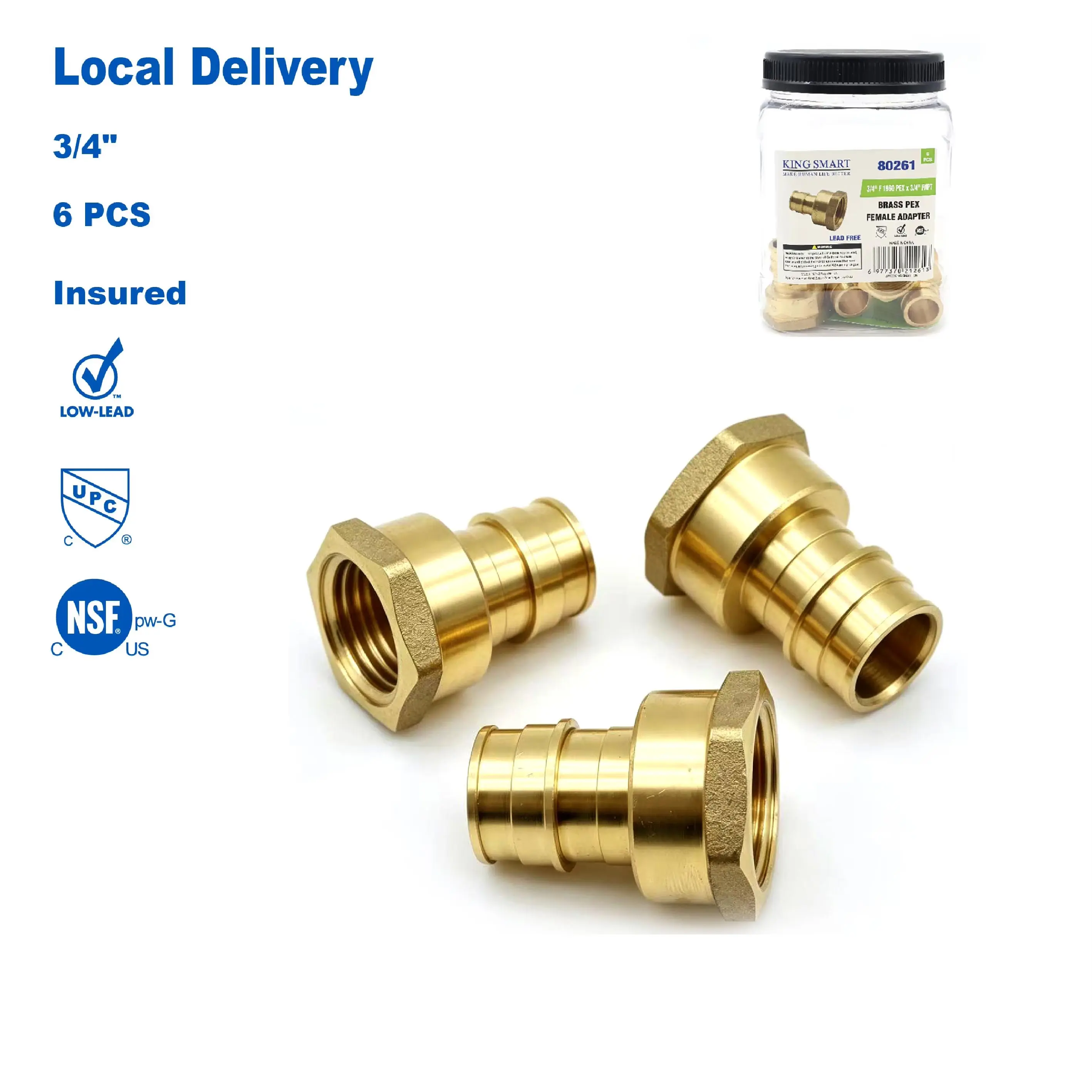 KING SMART CUPC NSF Lead Free Certified 3/4" F1960/PEX A * Female NPT Straight Female Adapter; 6Pcs/Case; Lead Free Brass; 80261
KING SMART CUPC NSF Lead Free Certified 3/4" F1960/PEX A * Female NPT Straight Female Adapter; 6Pcs/Case; Lead Free Brass; 80261