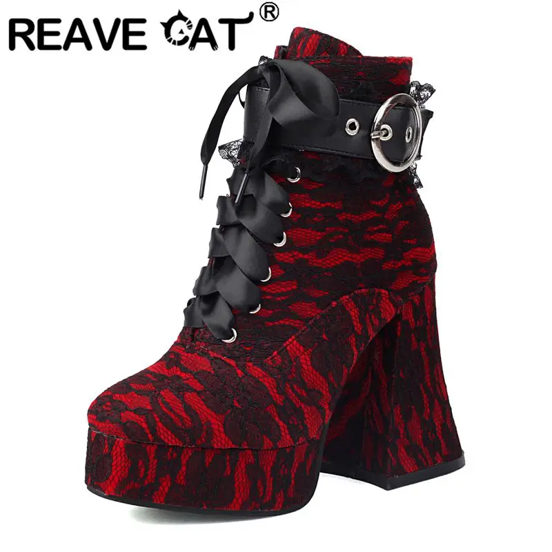 REAVE CAT Fashion Mixed Color Women Ankle Boots Round Toe Strange Heels 12cm Platform 3cm Lace Up Belt Buckle Flower 42 43 Bota
REAVE CAT Fashion Mixed Color Women Ankle Boots Round Toe Strange Heels 12cm Platform 3cm Lace Up Belt Buckle Flower 42 43 Bota