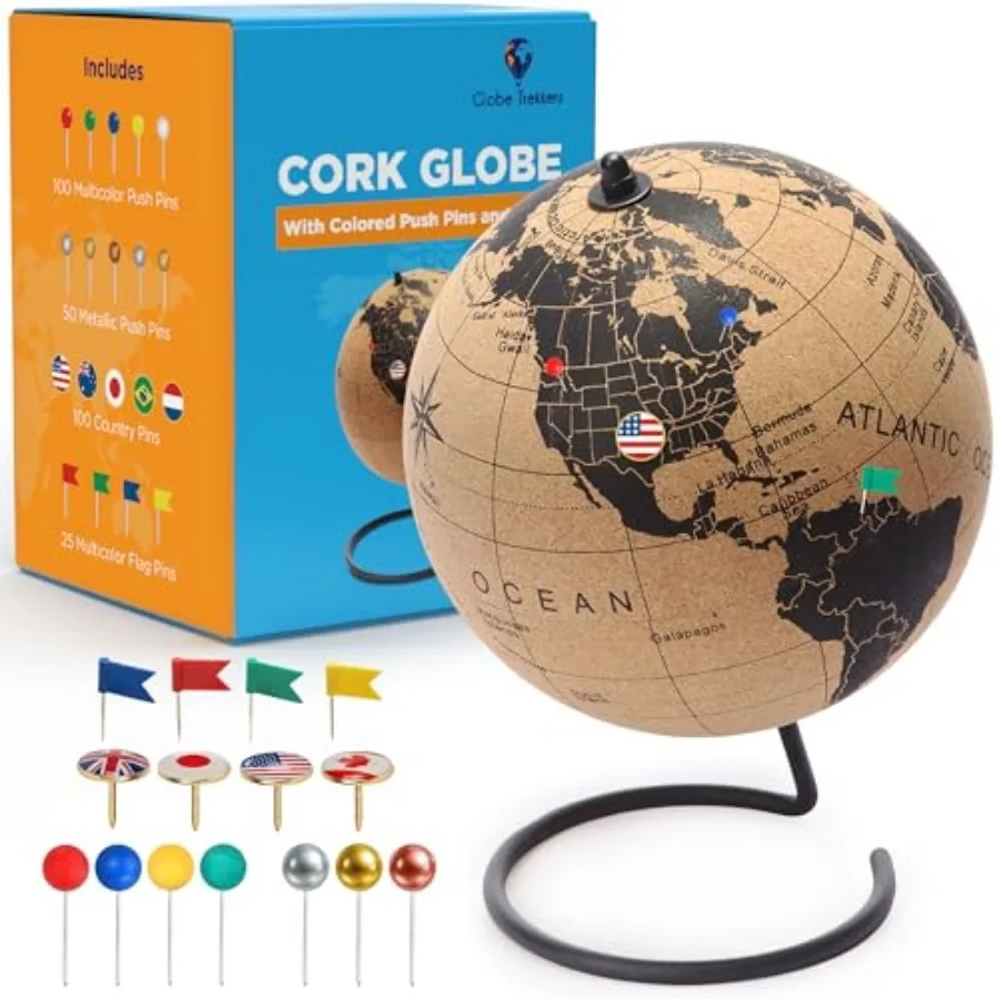 Cork Globe with Push Pins - 9.4" Globe with Map of the World and Rotating Stand for Adults 100 Metallic and 100 Colored Push Pi
Cork Globe with Push Pins - 9.4" Globe with Map of the World and Rotating Stand for Adults 100 Metallic and 100 Colored Push Pi