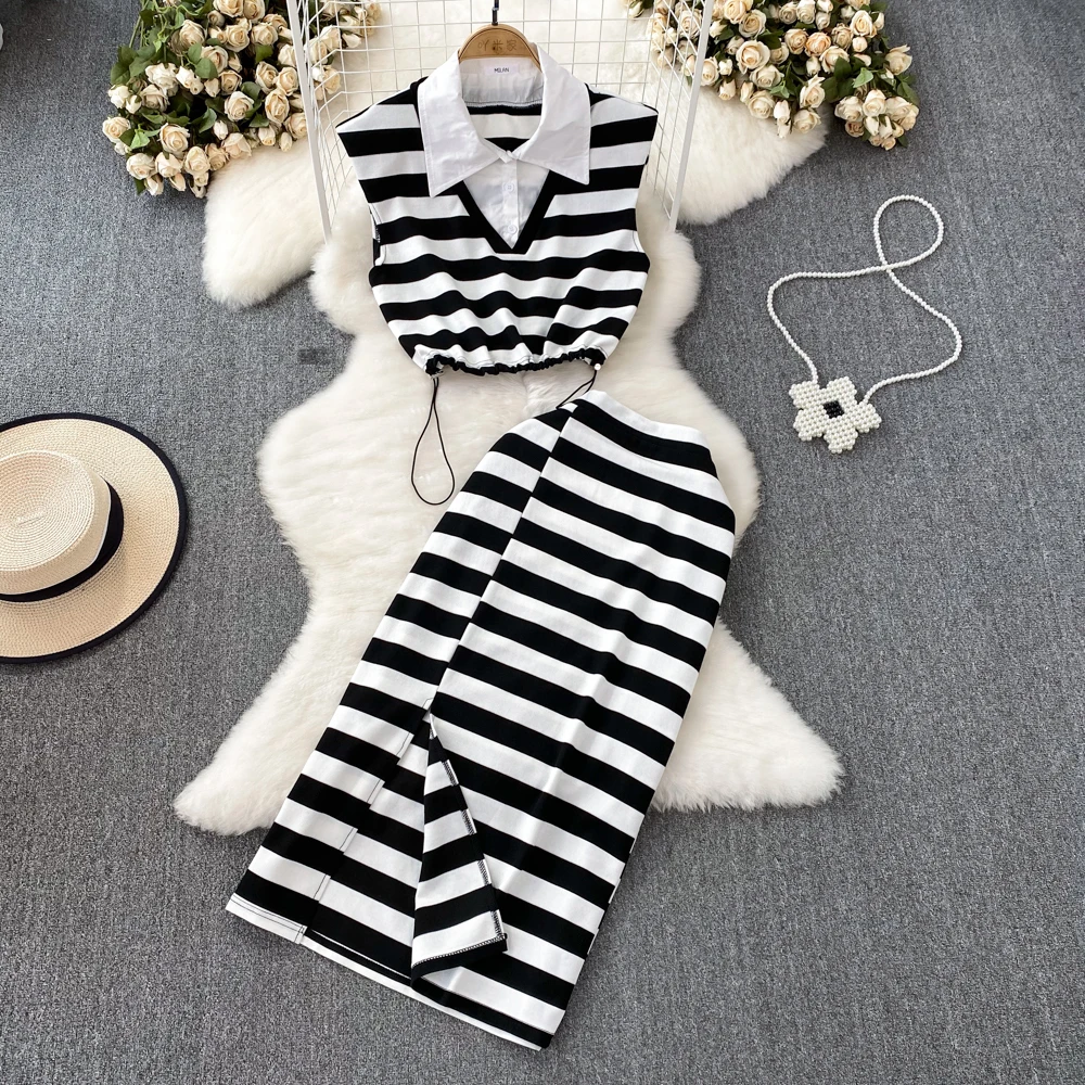 Women Fashion Set Korean Fake Two Piece Polo Collar Patchwork Tank Top Striped Vest Two Piece Suit High Waist Slim Split Skirt
Women Fashion Set Korean Fake Two Piece Polo Collar Patchwork Tank Top Striped Vest Two Piece Suit High Waist Slim Split Skirt