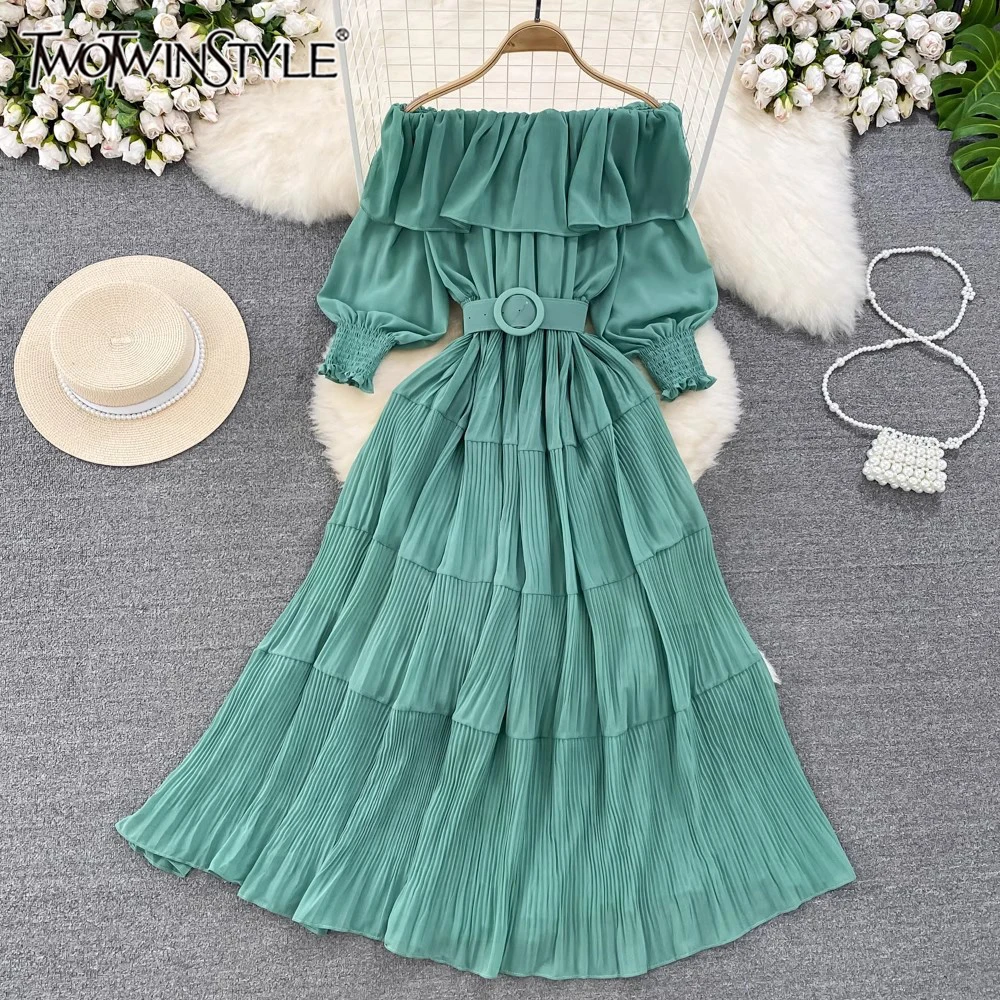 TWOTWINSTYLE Slimming Folds Long Dresses For Women Slash Neck Off The Shoulder Sleeve High Waist Elegant Dress Female KDR539854 
TWOTWINSTYLE Slimming Folds Long Dresses For Women Slash Neck Off The Shoulder Sleeve High Waist Elegant Dress Female KDR539854