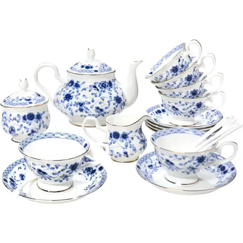 21 pieces adult porcelain tea set, 6 cups saucer, teapot, spoon, sugar bowl, milk pot, Women's Tea Party Vintage tea set (blue)