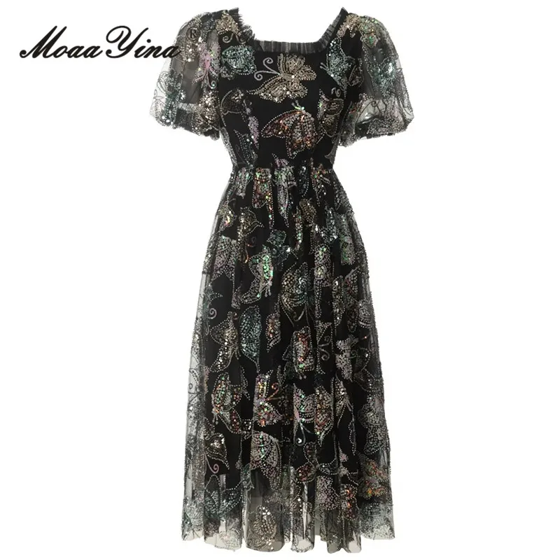 MoaaYina Summer Fashion Designer Women's Midi Dress Vintage Black Color Square Collar Ruffles Nail Bead Sequins Chiffon Dress
MoaaYina Summer Fashion Designer Women's Midi Dress Vintage Black Color Square Collar Ruffles Nail Bead Sequins Chiffon Dress