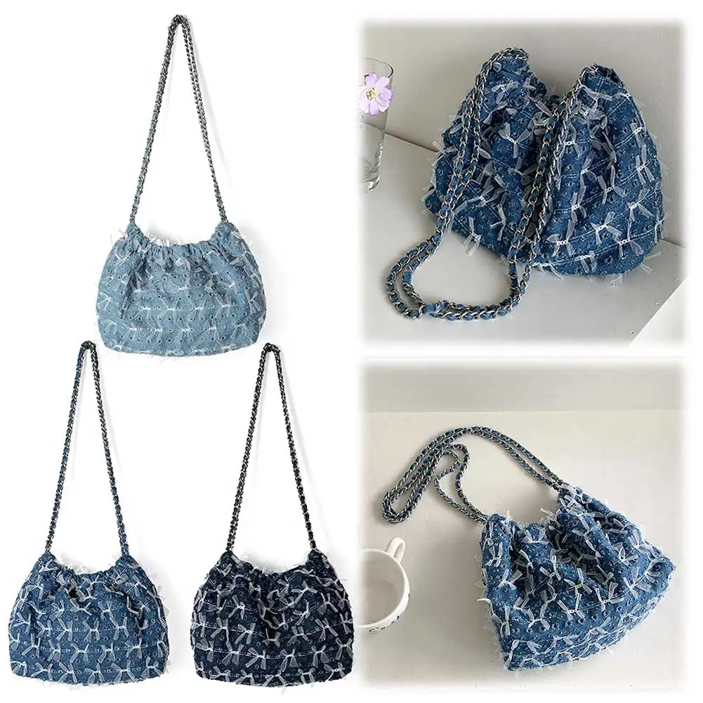 Women Denim Crossbody Bag Pleated Shoulder Bag Bowknot Jean Purse with Chain for Work Travel
Women Denim Crossbody Bag Pleated Shoulder Bag Bowknot Jean Purse with Chain for Work Travel